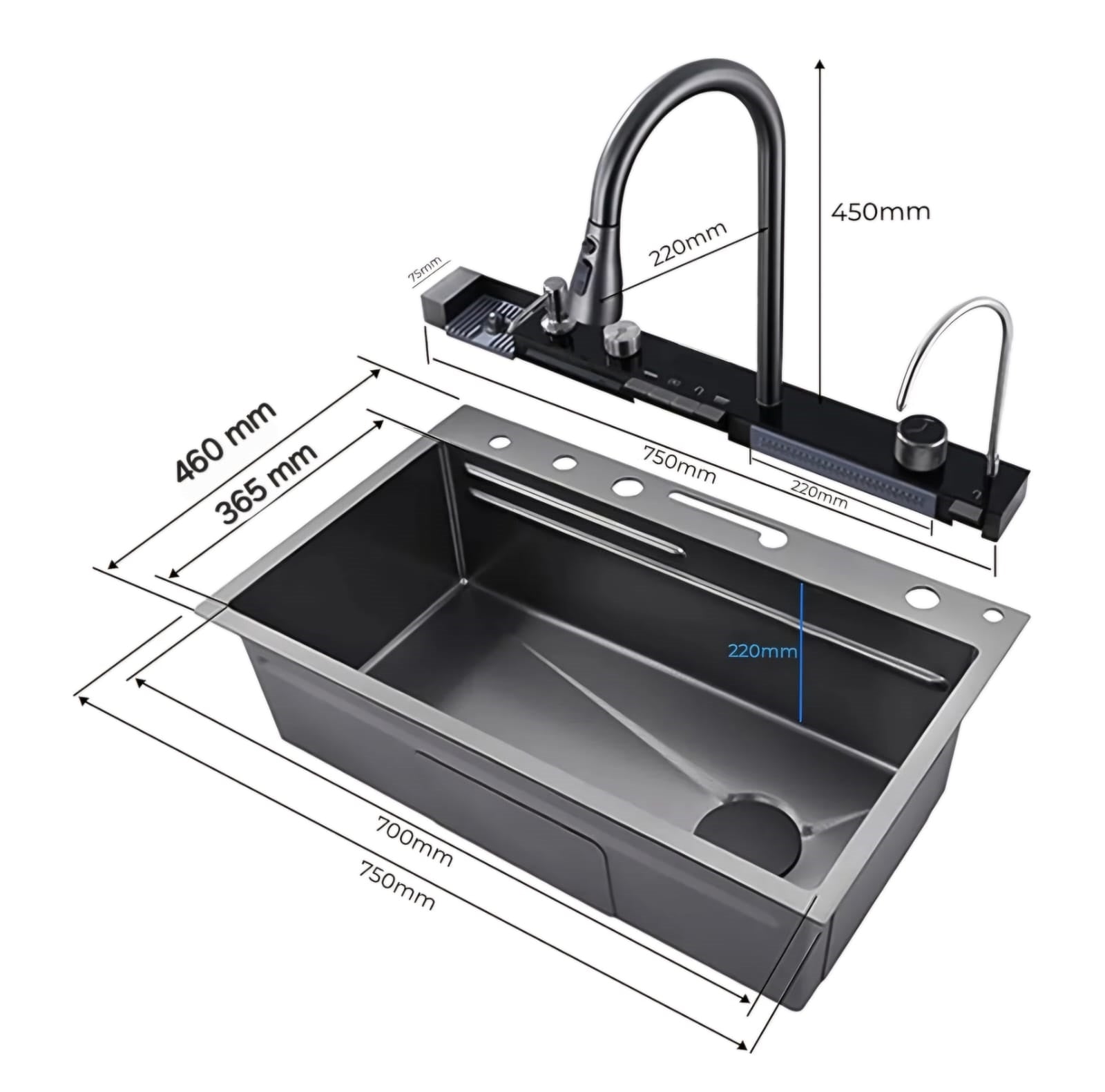 Fregador De Cocina Multifunción Nano Black Piano Switch 750X460x220mm Negro Plomo Fregadores Tinas De Cocina